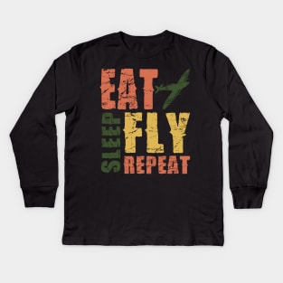 Airplane Pilot Shirts - EAT SLEEP FLY REPEAT Kids Long Sleeve T-Shirt